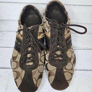 Coach - Brown -Tan-Gold Jacquard Fabric Tennis Shoes size 7.5M